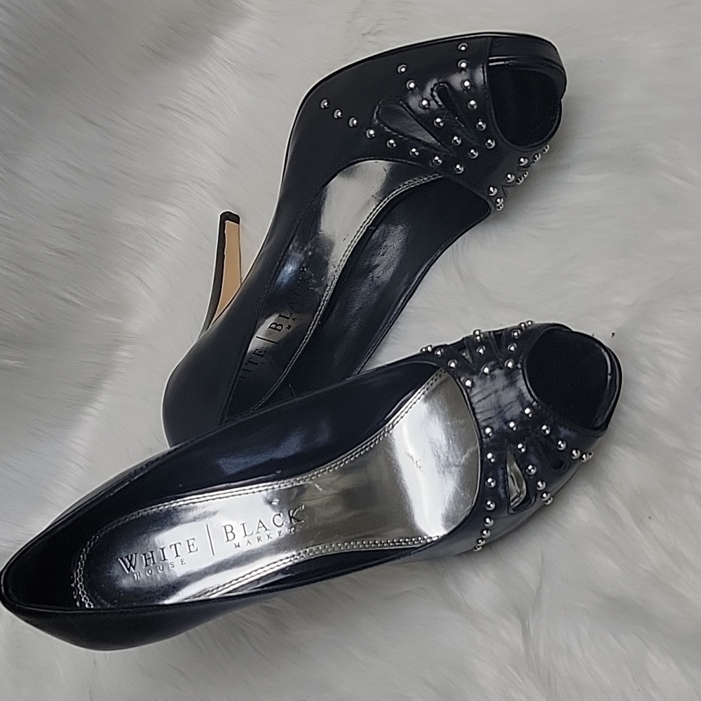 WHITE‎ HOUSE | BLACK MARKET Alice Black Leather Studded Cut Out Peep Toe Heels
